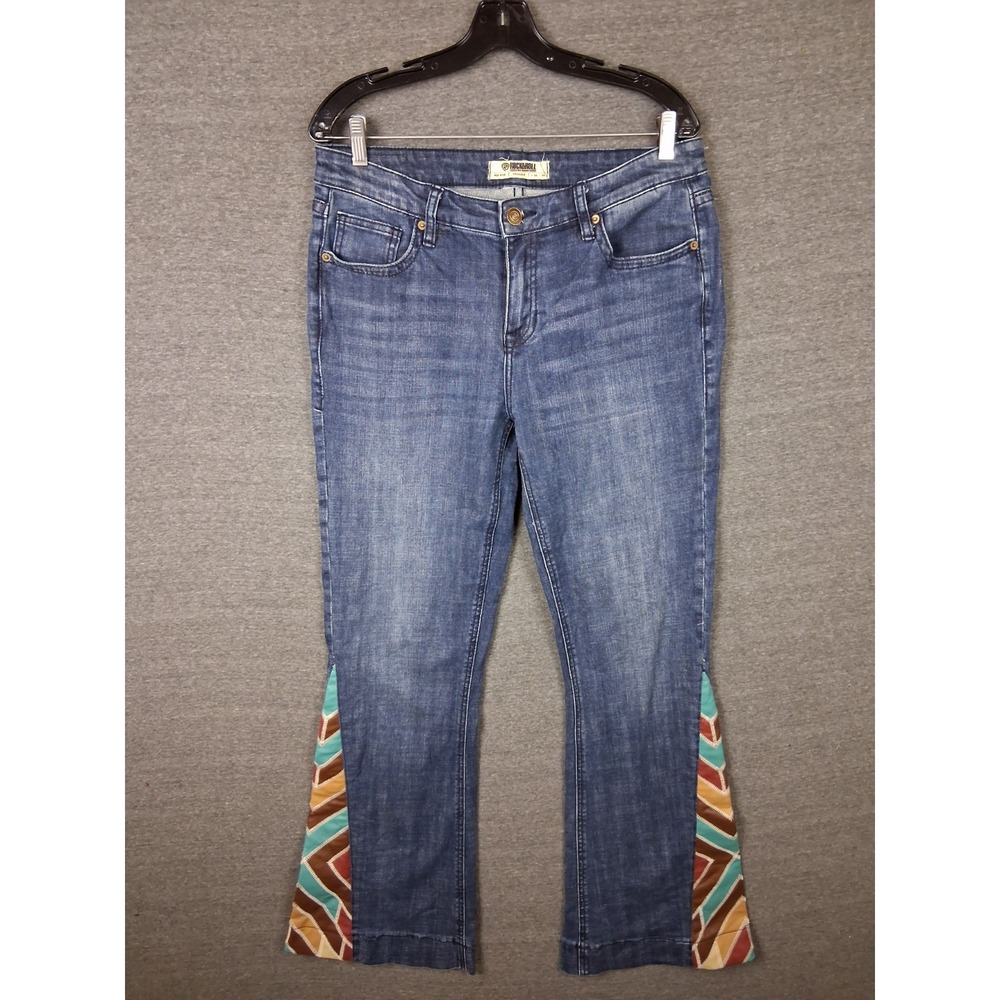 Rock Roll Womens Jeans 30x34 Blue Denim Flare Leather Insert Southwestern Native